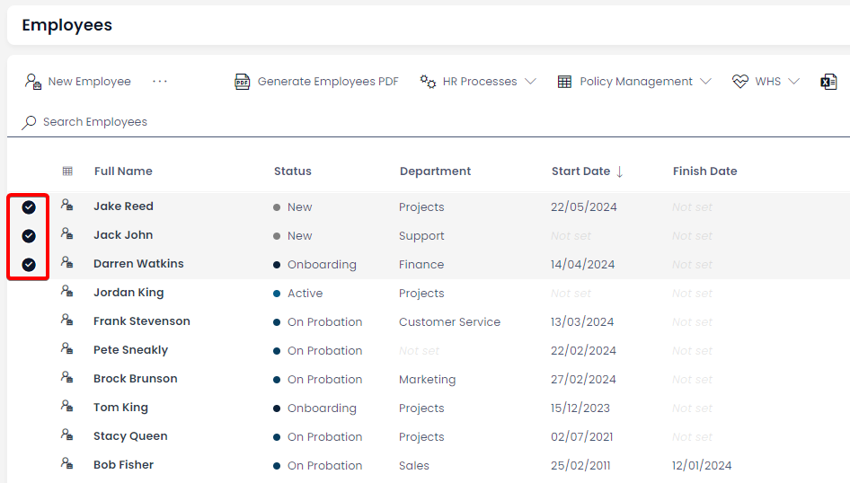 A screenshot depicting how to select multiple employees. The user presses the checkboxes beside each item in the employee list.